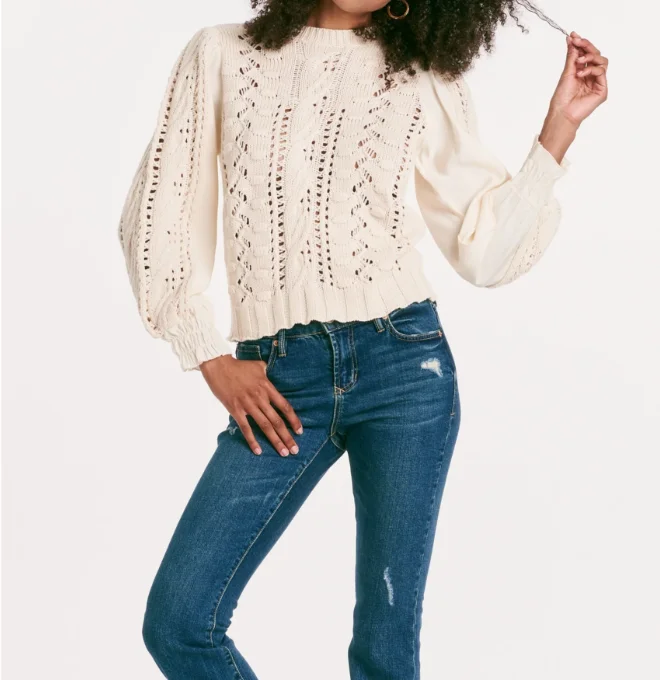 Young Ladies For Cream Jacquard Crochet Long Sleeve Sweater Hollow Details Color Matching Stitching For Leisure Going Women