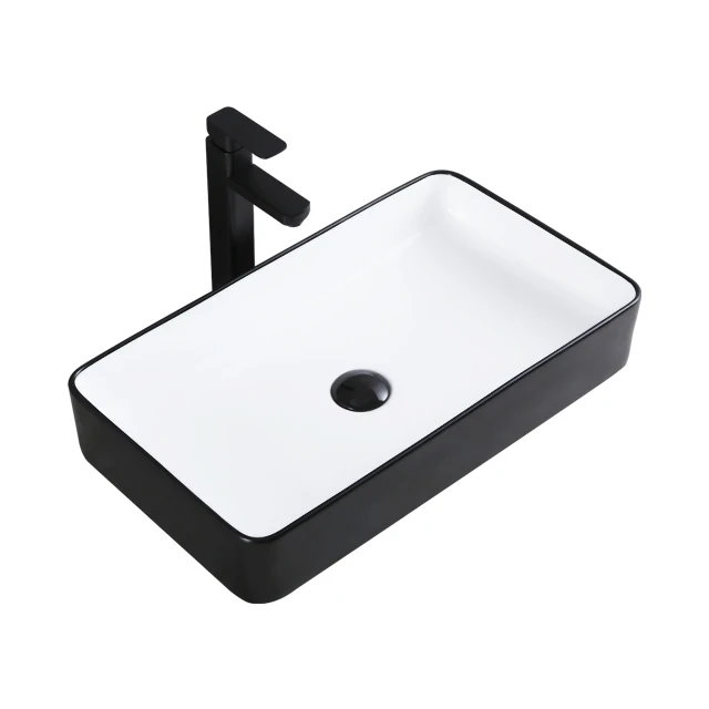 Square Bathroom Black Ceramic Round Countertop Wash Basin Bowl White Table Top Lavatory Sink