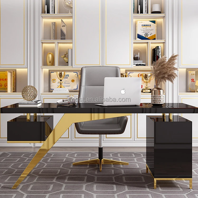 Luxury Modern Home Black Office Desk Set Computer Desks Study Table With  Gold Stainless Steel Frame For Office Furniture - Buy Office Desk,Computer  Desks,Computer Table Design With Study Table Product on 