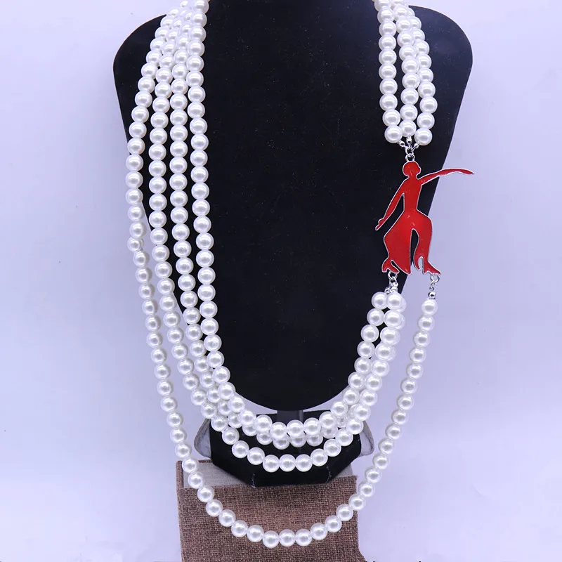 Inspired Designer Jewelry Multi Layered Pearl Enamel Red Fortitude Dance Lady Charms Greek Delta Sorority Necklace Women