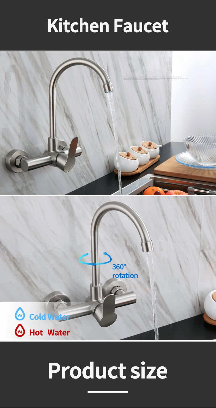 Wallmount Kitchen Mixer Tap Brushed Hot And Cold Sink Faucet 304