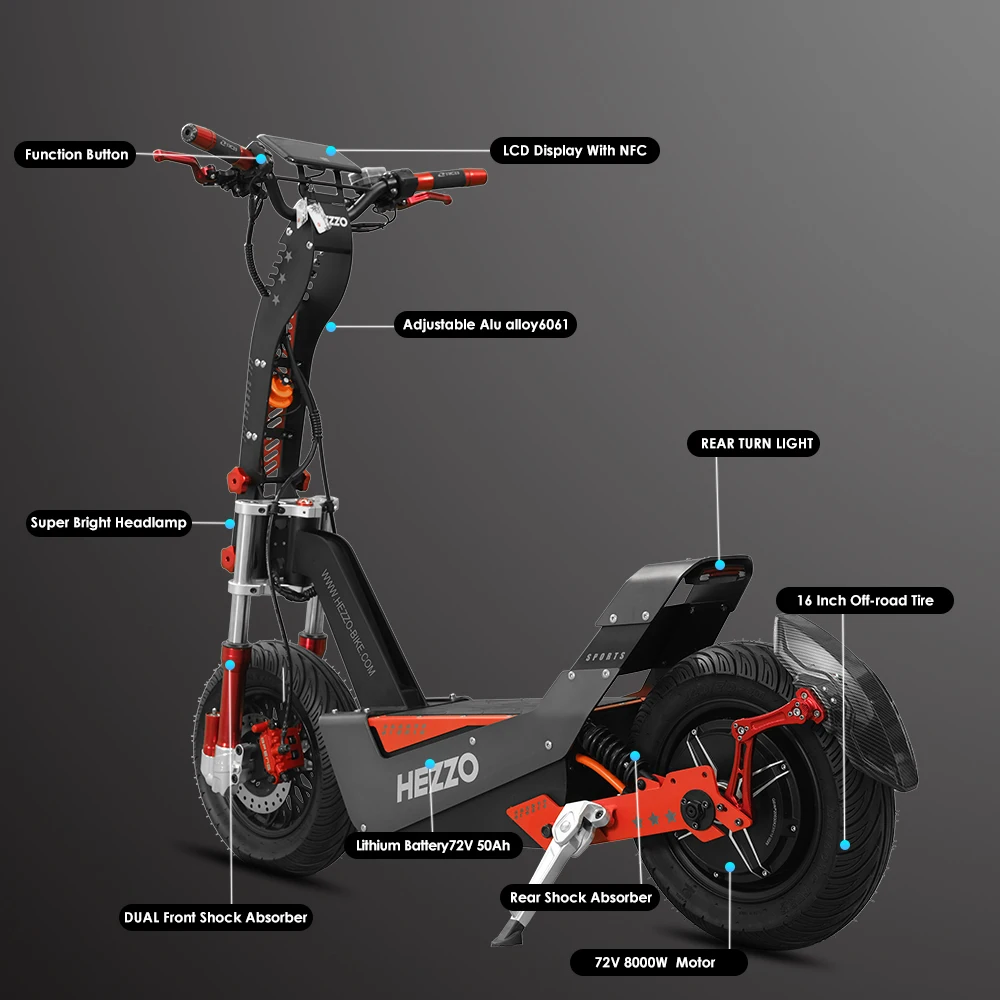HEZZO F8 Electric Off Road Scooter, 8000W Motor, 72V Battery