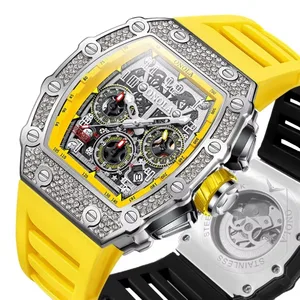Hip Hop Iced Out Diamond Watches Multi Functional Automatic Watch Chronograph Skeleton Mechanical Wristwatch