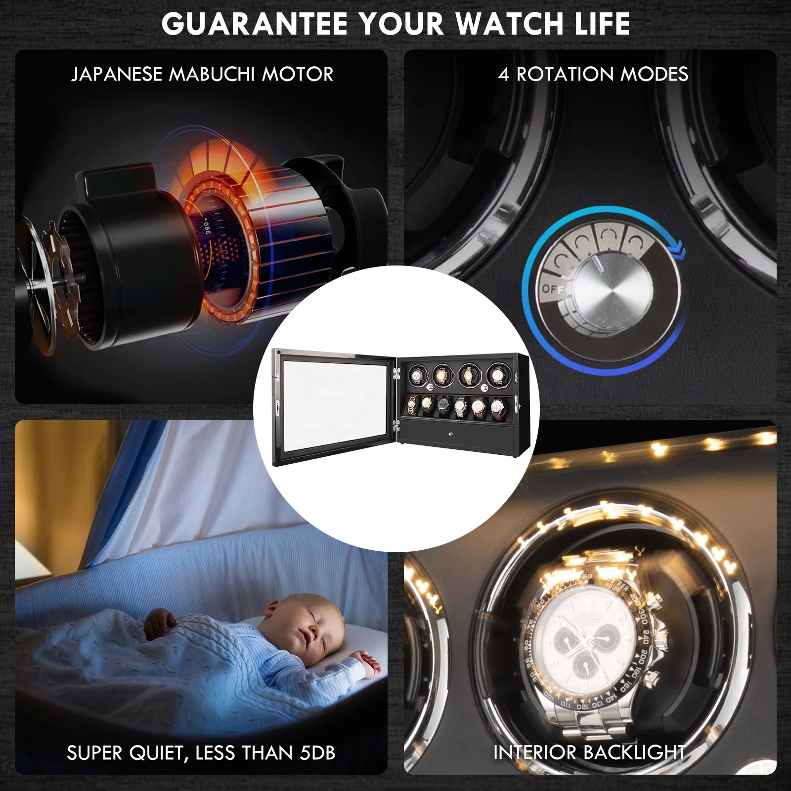 Пользовательский Oem Odm роскошный гироскоп деревянная орбита 4 + 6 слотов 3 в 1 Светодиодная коробка для намотки часов автоматическая с ящиком хранения запатентованный