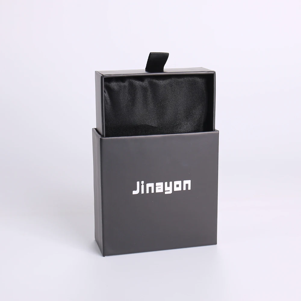 Boîte à tiroir rigide en carton personnalisée noire avec papier d'art, lamination mate, LOGO estampé argenté, emballage cadeau pour bijoux