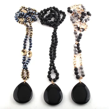 Bohemian Women Tribal Jewelry Long Knotted Lava Hematite Crystal Glass Beads Necklace Facet Black Stone Drop Pendant Necklace