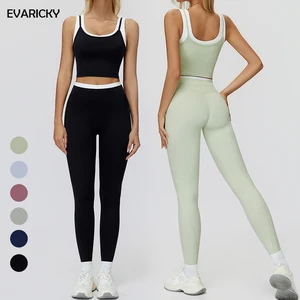 Evaricky Gym Fitness Sportswear Running Pilates Activewear High Waist Leggings Women Sets 2 Piece Sports Tank Top Workout Sets