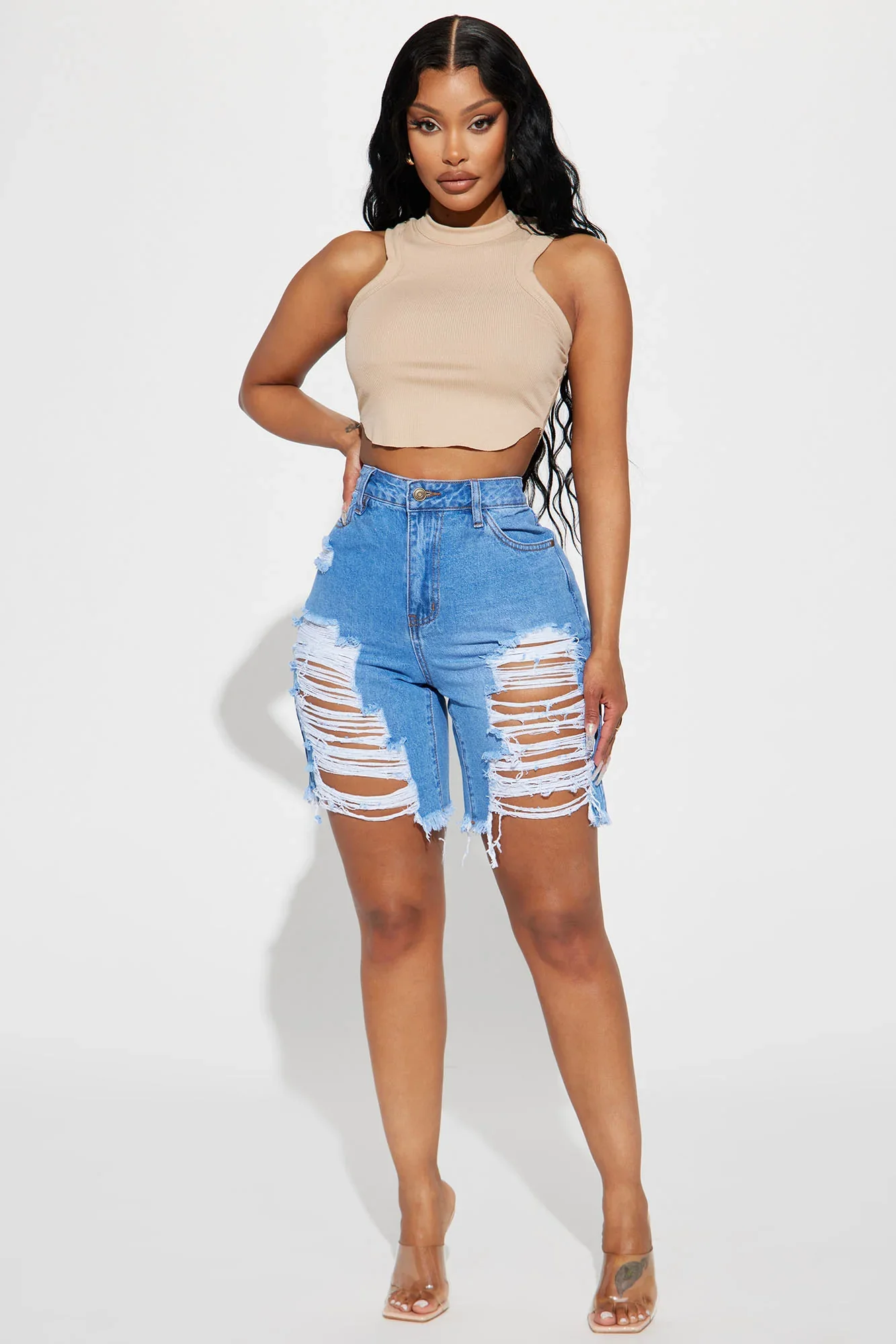 Women's High Waist Ripped Denim Shorts in Plus Size Summer Casual