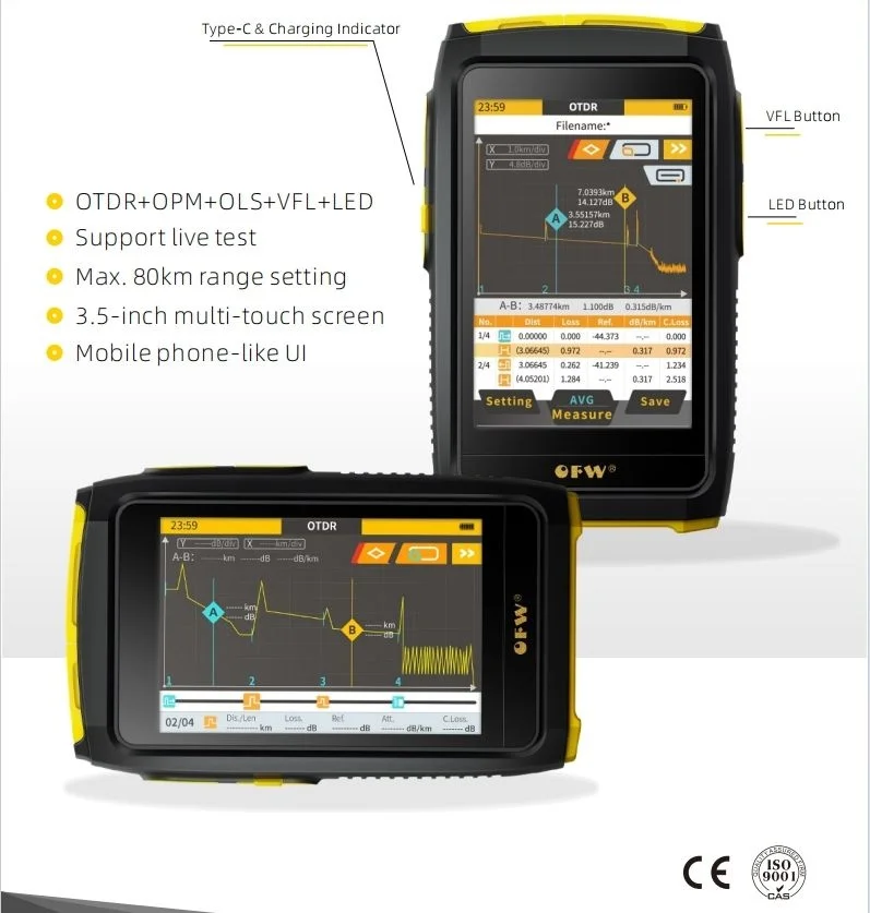 Produktbild von OFW OTDR FWT-100 Glasfasertester – 1550 Nm, 20 DB, 80 Km Reichweite, Touchscreen, Mit VFL & OPM