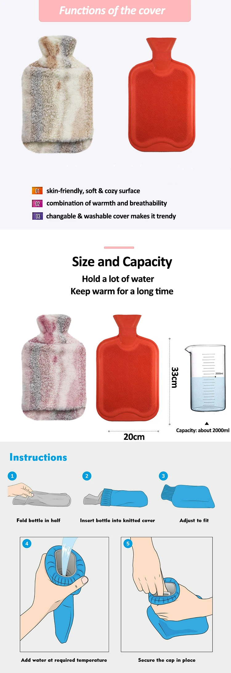 Winter Hot Water Bottles Bag Rubber With Hand Warmer Plush Cover for European Market