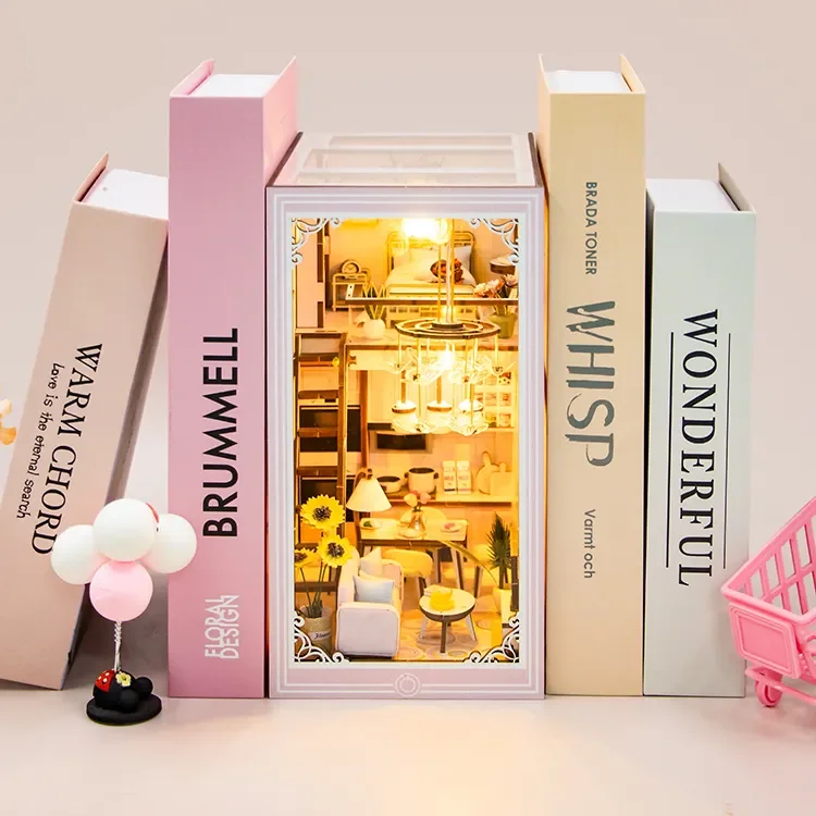 Pink Loft 3D Wooden miniature Book Nook Kit Bookshelf Educational Toy Diy Miniature Book Nook Doll House Sunshine Town M2413