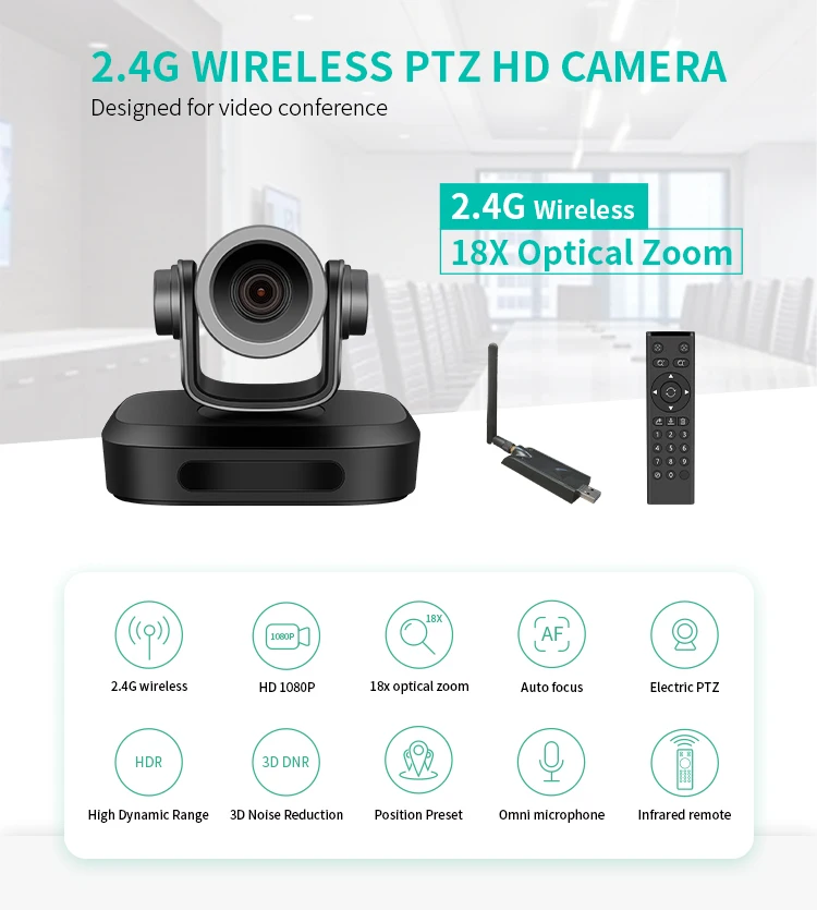 G07-18X 2.4G 18x Optical Zoom NDI IP Camera Conference PTZ for Audio Video Conferencing