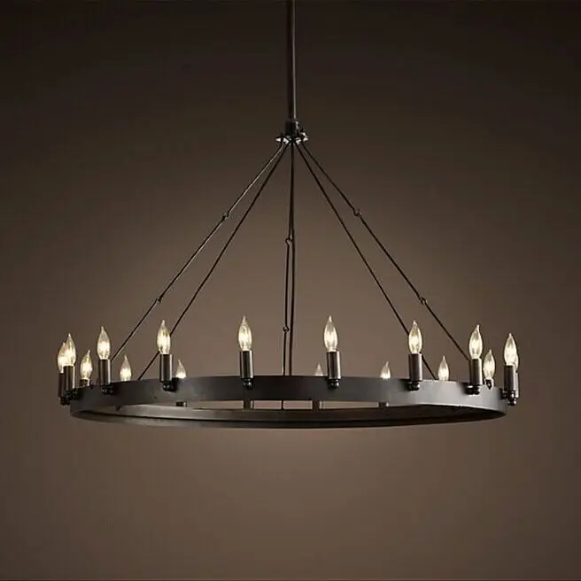 Popular Farmhouse Style Industrial Rustic Black Wagon Wheel Chandelier Round Pendant Light for Dining Room and Living Room