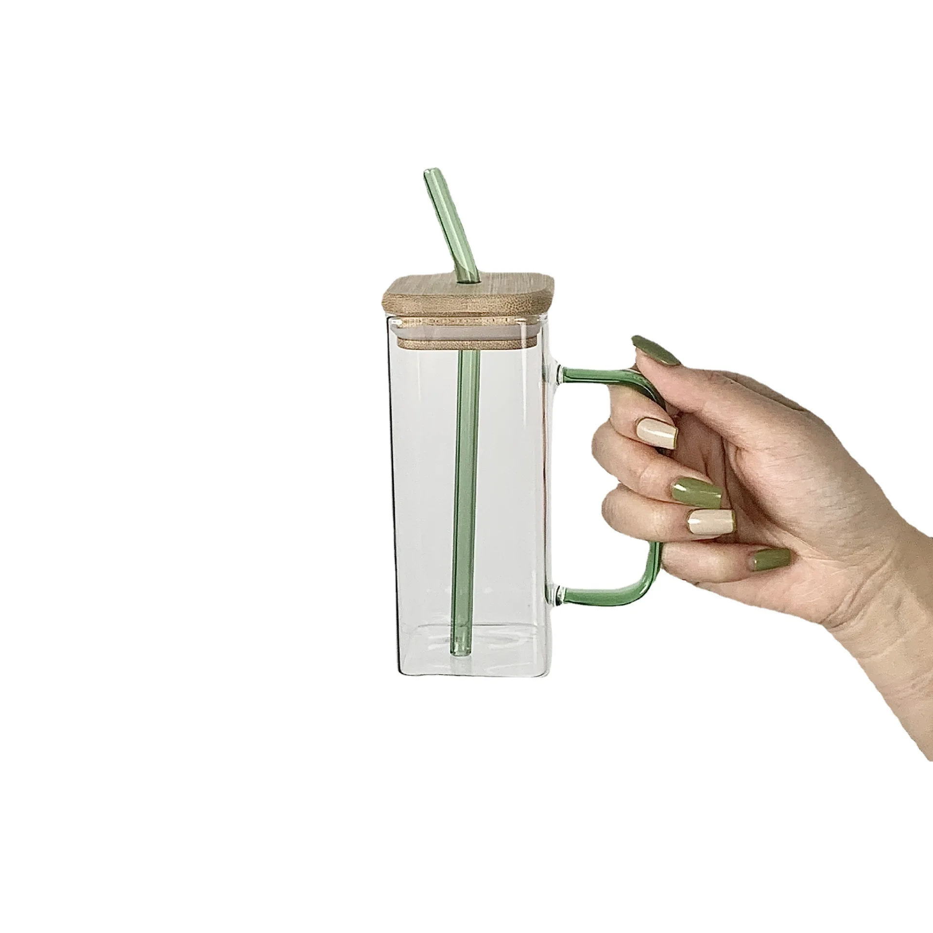 Source 400ml Square Drinking Glasses with Bamboo Lids and Straws