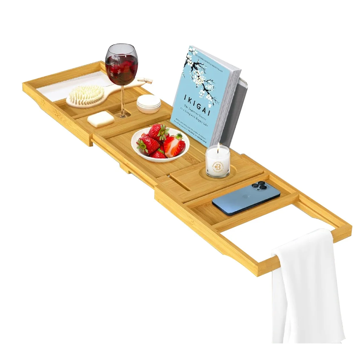 Bathtub Caddy Tray Custom Expandable Bath Organizer with Wine Glass Holder Book Stand & Towel Bar Luxury Spa Bathroom Accessory