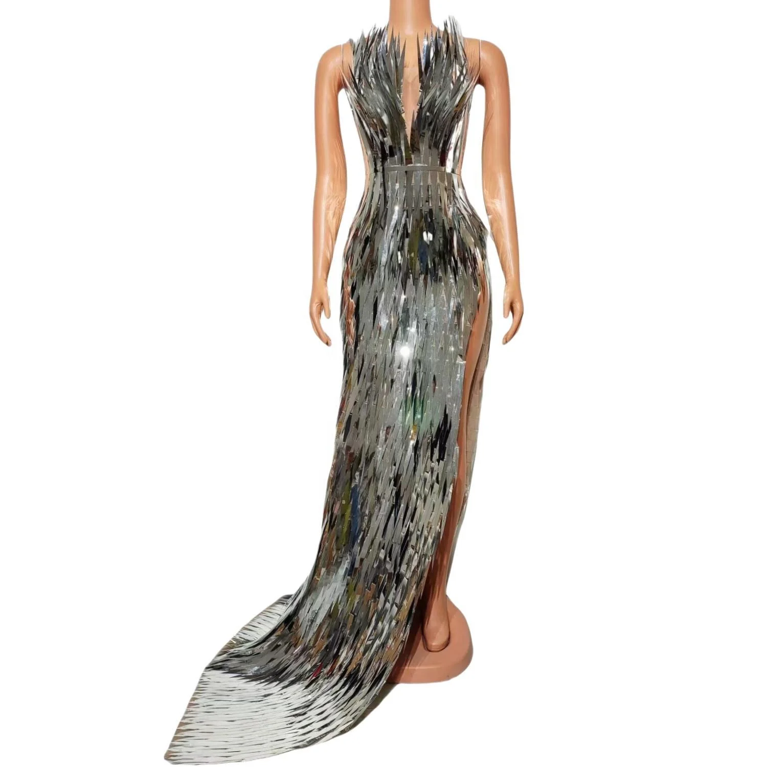 Vestidos Luxury Silver Glitter Dinner Gown Strapless Sequin Mermaid  Birthday Wedding Dress Women High Slit Banquet Evening Dress
