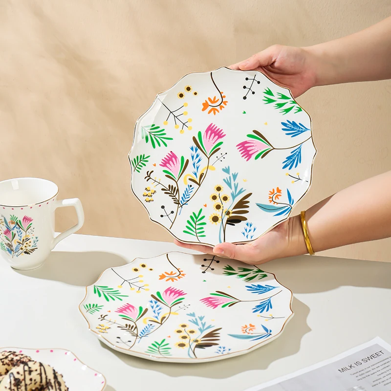 Spring Floral Patterned Side Dinnerware Porcelain Salad Plates Pink Rose and Gold White Wedding Set