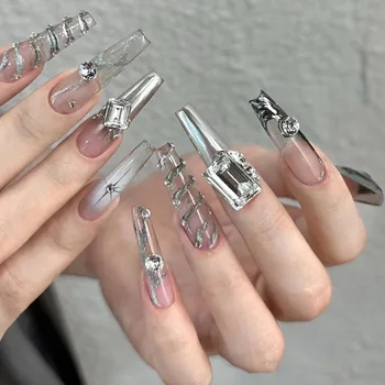 Luxury Bling Rhinestones Acrylic Customized False Nails French Gel Nails Press on China Wholesale Artificial Fingernails