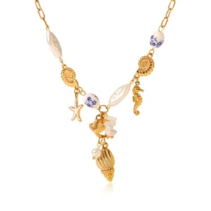 MW Ocean Stainless Steel 18K Gold Plated Chain Necklace Enameled Ceramics Shell Pearl Starfish Fashion Necklaces for Women