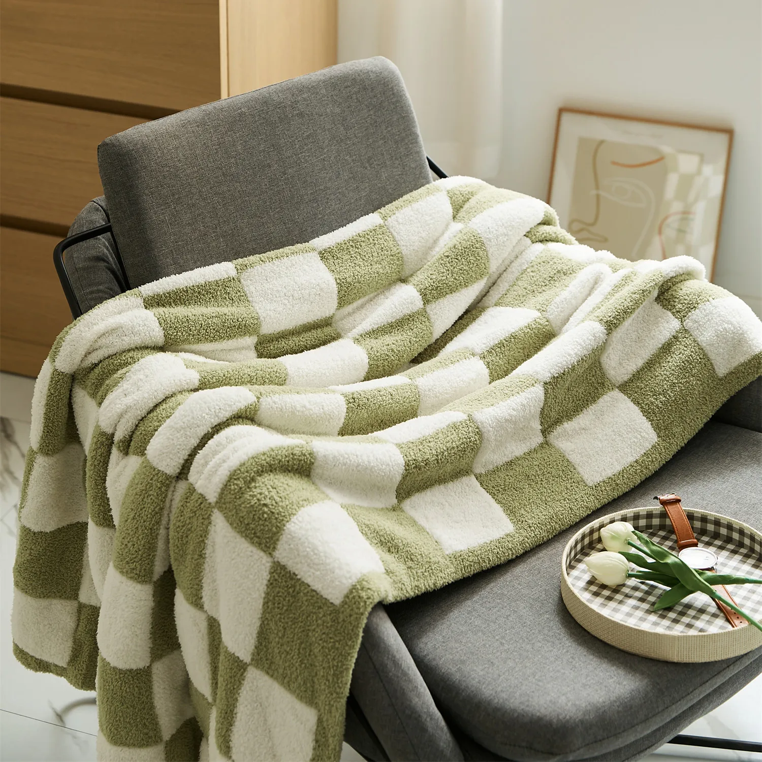 2024 Hot-selling Super Cozy 100% Polyester Checker Jacquard knitted Throw Blanket  For Home Decoration Sofa and Winter QPG details