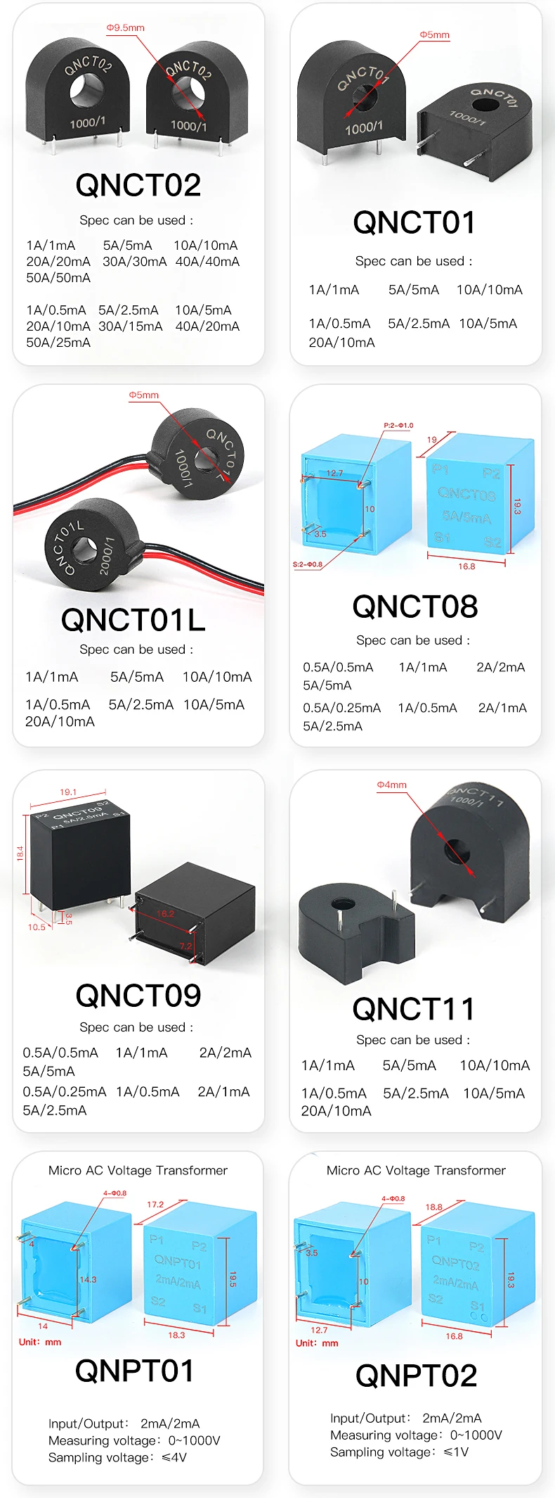 Split Core Current Transformer QNCTK1-10 1A 1V 50A 333mV 100A 0.707V 150A 5V 20A 3.33V 80A Open Type Current Sensor Clamp CT