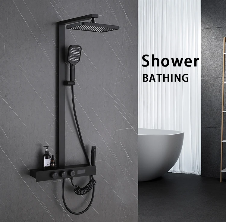 Luxury Bathroom Brass Rain Shower Set Wall Mounted Black Thermostatic