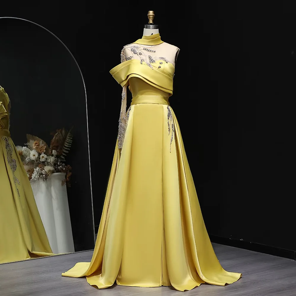 Elegant Gold Yellow Satin Arabic Evening Gowns for Dubai