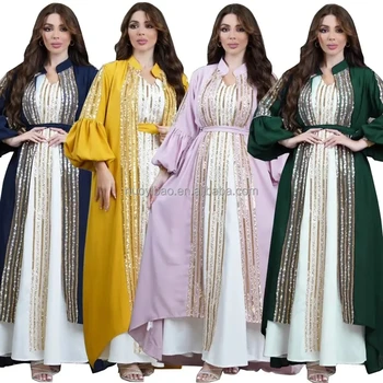 Elegant Solid Color Beaded Muslim Traditional Clothing Open Abaya Dresses Long Silk Cardigan Kimono Robe Eid Arab Jubah Gown