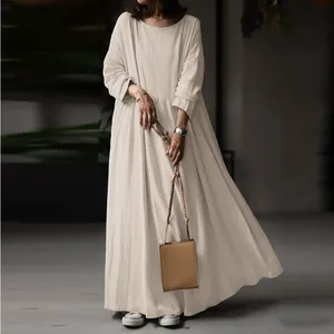 New Women Vintage Cotton Dress Long Sleeve High Waist Pockets Robe Muslim Lady Casual Solid Long Dress