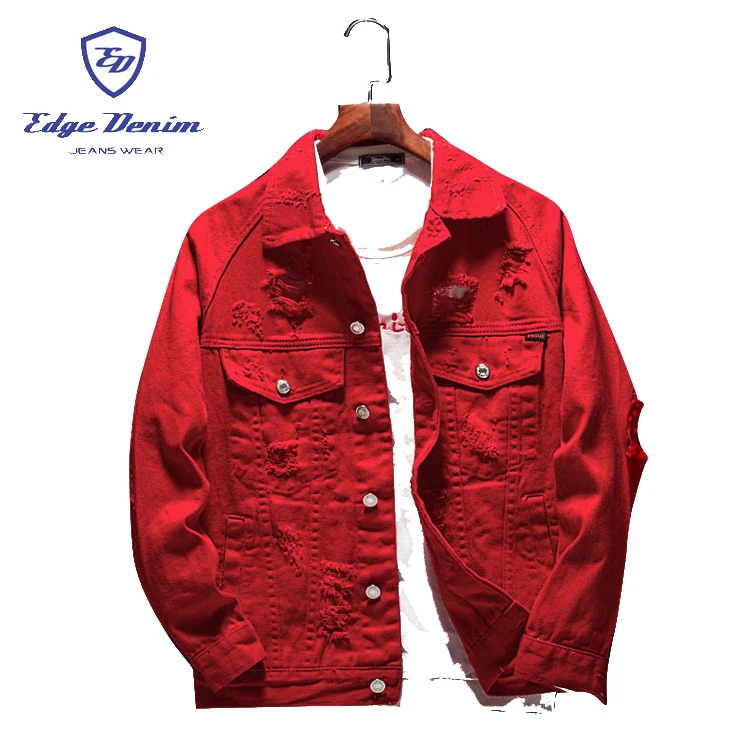 Edge Denim Men's Ripped Distressed Jean Jacket Red Plus Size