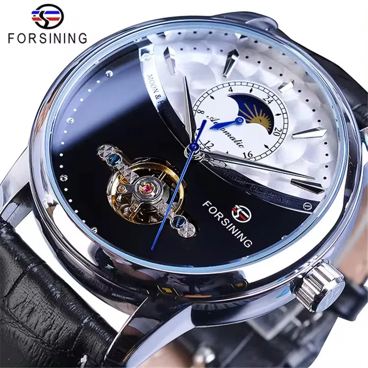 Forsining GMT1150 Moon Phase Automatic Watch Royal Men Waterproof Mechanical Wristwatch Casual Genuine Leather Tourbillon Clock