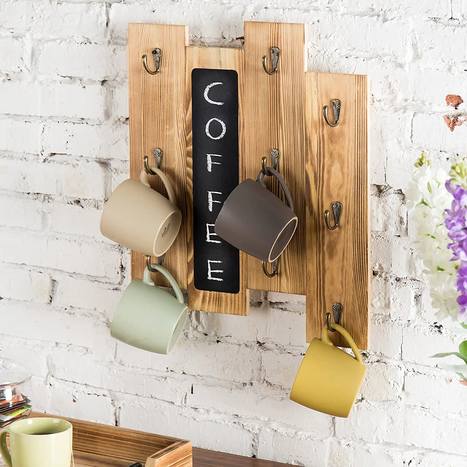 LYFJXX Support Mural Pour Tasses à Café 2 Pièces - 8 Crochets Bois - Rangement Cuisine Et Bar