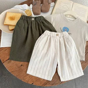 New arrivals summer linen baby sweatpants stripe wide leg kids pants elastic waist baby clothes