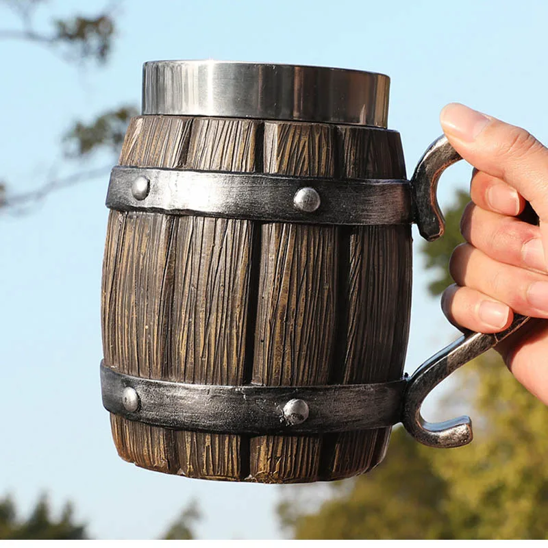 Personality Simulation Wooden Barrel Viking Resin Mug One Piece Cup Stainless Steel Beer Tea Cups Bar Wooden Beer Mug