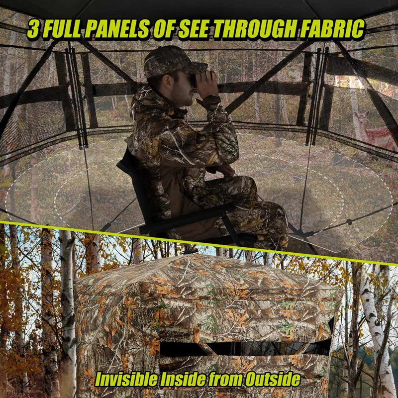 Portable Hunting Blind 270/360 Degree See Through Ground Blind for Deer Hunting, 2-3 Person Pop-up Hunting Deer Blind