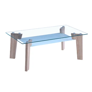 Hot Sale 2 tier Glass Coffee Table With Clear Tempered Glass Table Top And Solid Wood Legs For Living Room Multifunction