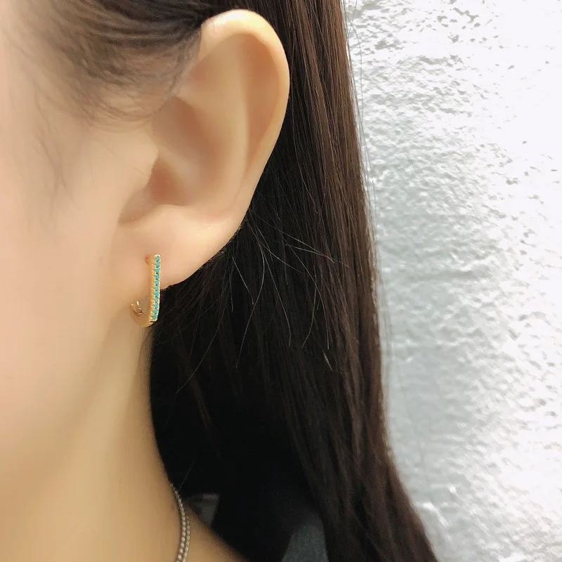 Women's S925 Sterling Silver Hoop Earrings U-Shape Light Luxury Blue Turquoise Charm with Gold Plating Fashion Jewelry
