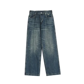 STARLIGHT High Quality Men Denim Jeans Blue Vintage Wash Street Wear Straight Leg Distressed Leg Elastic Waist Men Jeans