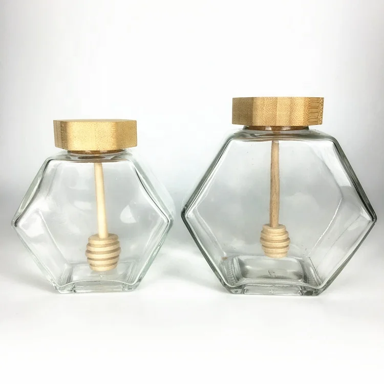 Empty glass hexagon honey jars bulk with dipper lid 220ml 380ml