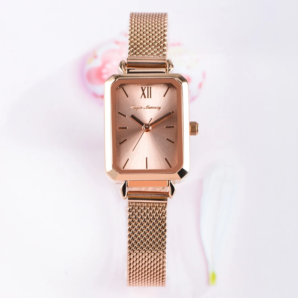 Ladies Glamour Watch Rose Gold Mesh Belt Rectangle Quartz
