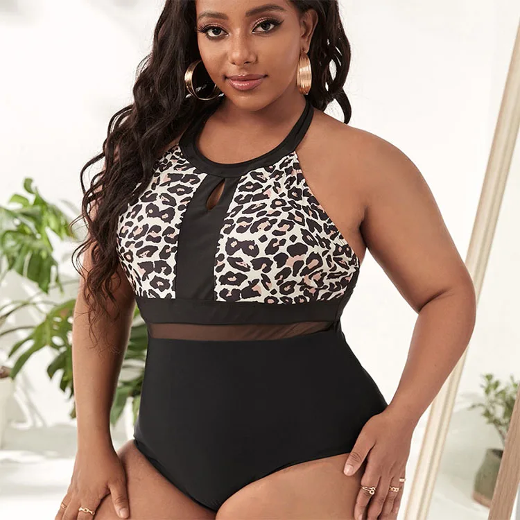2022 New Leopard Print Back Cross Sexy Tight Plus Size One Piece Swimsuit
