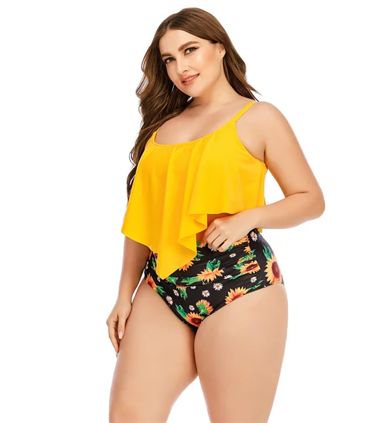 Custom Logo Women Plus Size Yellow Ruffle Swim Top Sunflowers Printed High Waisted Yellow Swimwear 5xl