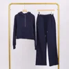 Midnight blue hooded half-pull sweat pants set