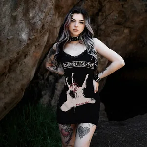 Stylish Black Sling Gothic Dress With Cannibal Corpse Print - Perfect for Rock & Gothic Fashion