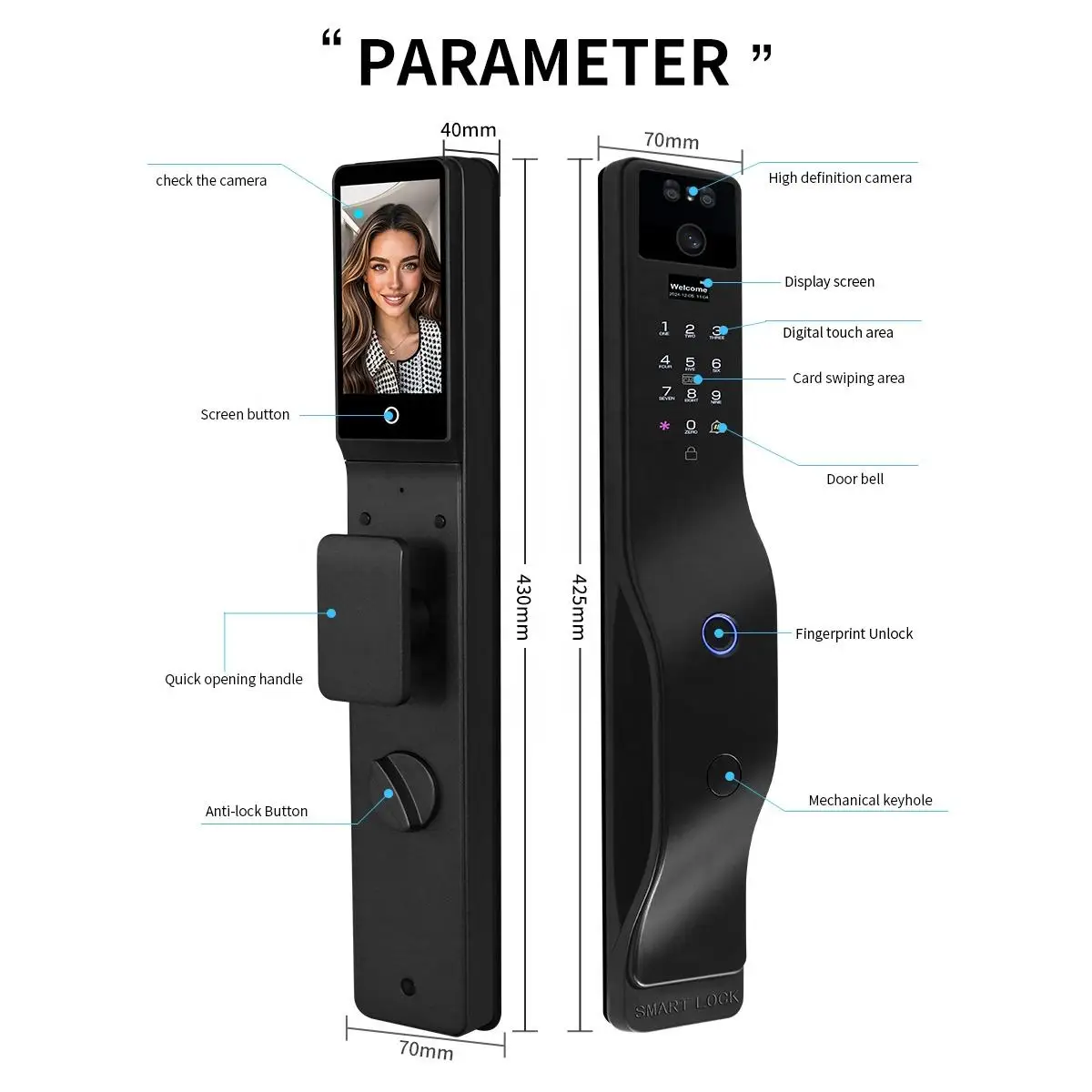 Face Recognition Smart Door Lock Israel Mortise Wifi Fingerprint Cerradura Tuya Inteligente Digital Lock With Camera for Home W7