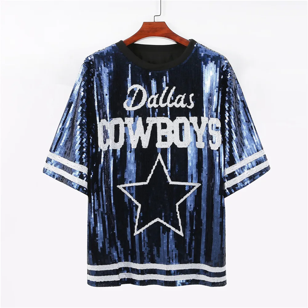 Wholesale New Arrival nfl Style Blue Party Dresses Sequin Dallas Cowboys  Dress Women sequins long t shirt dress From m.