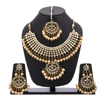 Wholesale indian bridal gold plated kundan polki necklace with earrings maang tikka Indian Gold Plated Jewellery Sets