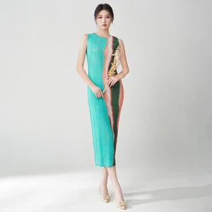 High Quality Miyake Pleated Dress Summer Sleeveless Printed Straight Dress Stretch Casual Dress