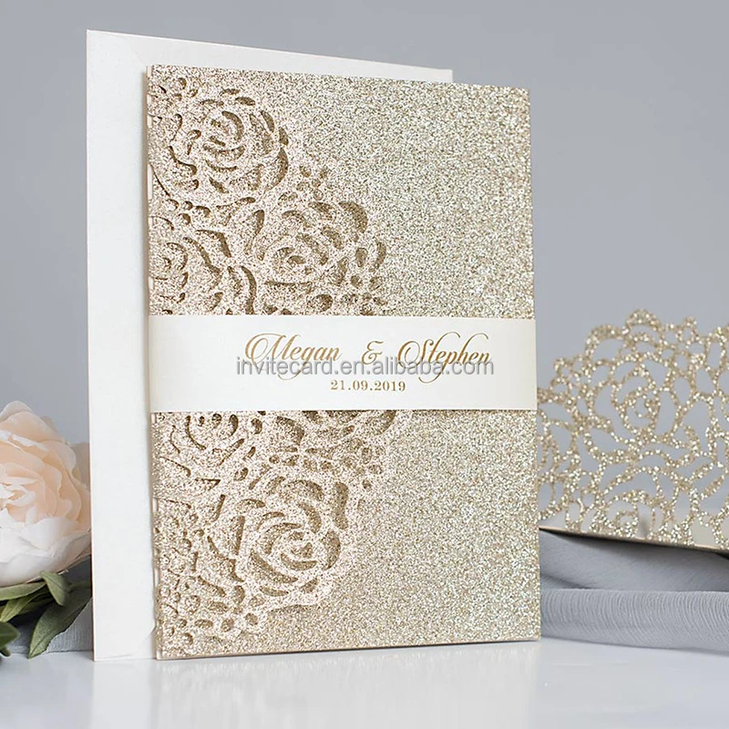 Luxury Champagne Glitter Rose Pocket Fold Wedding Invitation Cards With ...