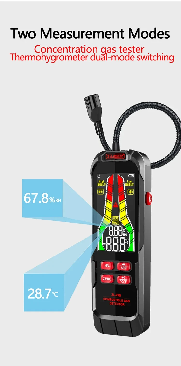 Industrial-grade combustible gas analyzer for accurate detection Wide measurement range of approx. 50–10000 ppm for precise monitoring Detects gases like LPG, methane, propane, and other flammable gases High-sensitivity sensor for reliable and fast leak detection Rechargeable battery for long-lasting and portable use LCD display for real-time gas concentration readings Audio and visual alarm alerts for instant hazard warning Fast response time with stable and accurate performance Durable design suitable for industrial environments Ideal for factories, pipelines, refineries, HVAC, and safety inspections